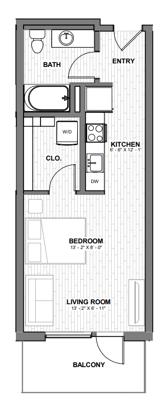 Floor plan for studio, 1 bath, 412 sqft